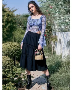 Women's Frill Midi Skirt &ndash; High Waist, Loose Fit, Solid Viscose Skirt for School or Casual Outfits