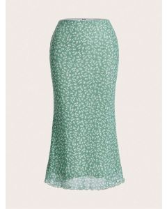 Women's Ditsy Floral Mesh Skirt &ndash; Fishtail Style, Wavy Hem, Lightweight Overlay Midi Skirt