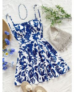 Women's Summer Mini Dress &ndash; Blue & White Floral Print, Open Back, Cami Style A-Line Vacation Outfit
