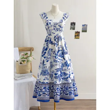 Vintage Women's Summer Dress – Blue & White Floral Print, Square Neck, Cap Sleeves, Ruffle Back, Tie Waist A-Line Holiday Outfit