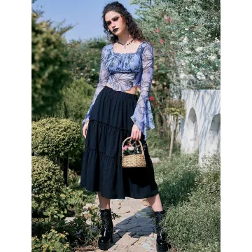 Women's Frill Midi Skirt – High Waist, Loose Fit, Solid Viscose Skirt for School or Casual Outfits