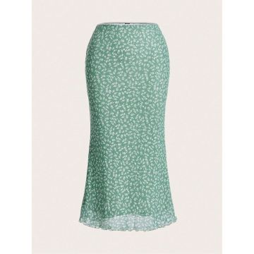 Women's Ditsy Floral Mesh Skirt – Fishtail Style, Wavy Hem, Lightweight Overlay Midi Skirt