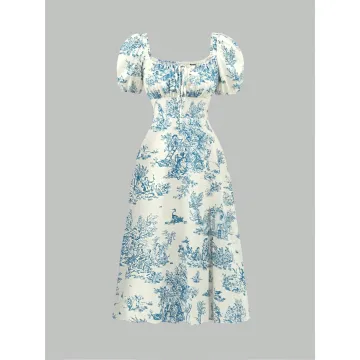 Women's Summer Maxi Dress – Plant Print, Square Neckline, Bubble Sleeves, Cinched Waist, Casual Vacation Outfit