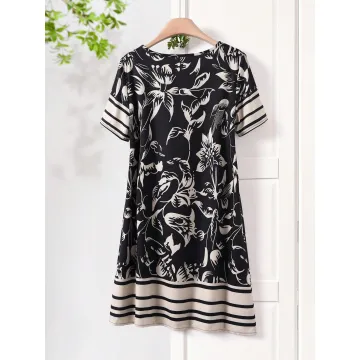 Boho Summer Dress for Women – Leaf Print, Casual Short Sleeve, Round Neck, Lightweight Vacation Outfit