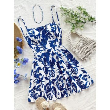 Women's Summer Mini Dress – Blue & White Floral Print, Open Back, Cami Style A-Line Vacation Outfit