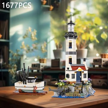 Electric Lighthouse Building Set - Fisherman Rescue Scene with Boats | Light-up Coastal Model for Kids Christmas Gifts