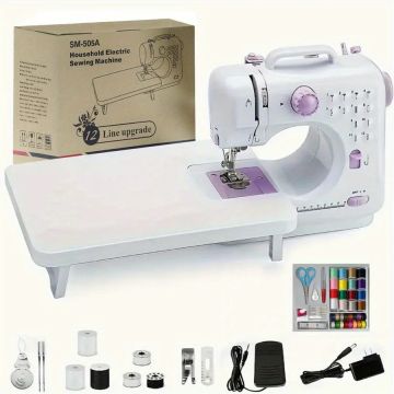 Portable Electric Sewing Machine - 12 Stitches, Automatic Winding, Extension Table & Kit | Beginner Friendly Home Crafting