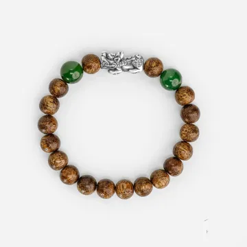 Calming Agarwood Bracelet for Spiritual Souls – Handcrafted Wood Bracelet for Grounding Energy, Meditation – Brown, Green – Main View