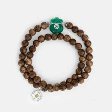 Handcrafted Natural Agarwood Bracelet for Spiritual Gift Buyers – Grounding Energy for Meditation, Protection – Brown Agarwood, Green – Main View