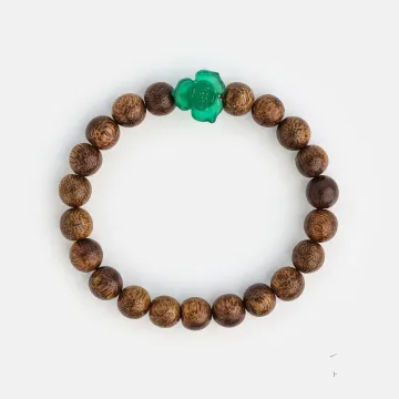 Handcrafted Natural Agarwood Bracelet for Spiritual Gift Buyers – Grounding Energy for Meditation, Protection – Brown Agarwood, Green – Main View