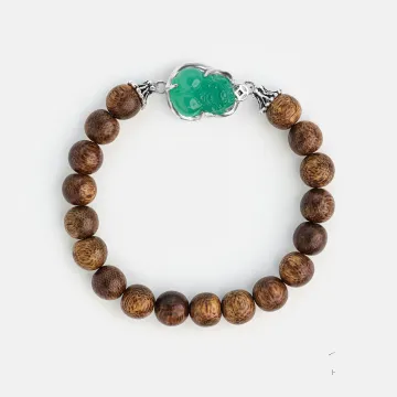 Handcrafted Natural Agarwood Bracelet for Spiritual Souls – Grounding Energy for Daily Wear, Meditation – Brown Agarwood, Green – Main View