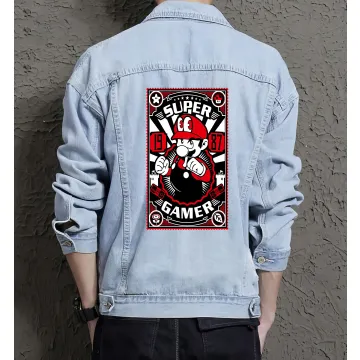 Retro Mario Denim Jacket for Men - Gift for Gamers - Birthday Present - Light Blue - Main View