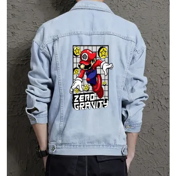 Retro Mario Denim Jacket for Men - Gift for Gamers - Classic Gaming Collection - Light Blue - Main View