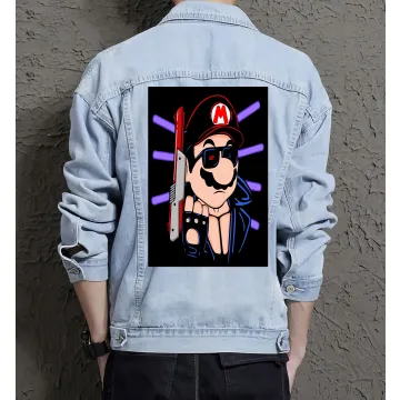 Retro Mario Denim Jacket for Men - Gift for Gamers - Christmas Present - Light Blue - Main View
