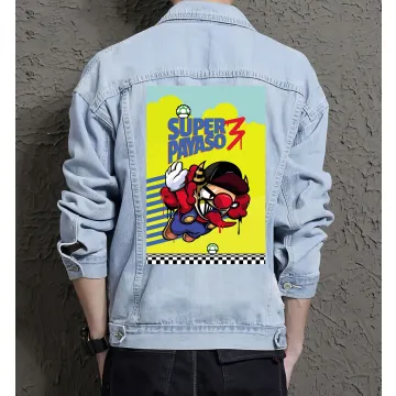Retro Mario Denim Jacket for Men – Gift for Gamers – Christmas Present - Light Blue - Main View