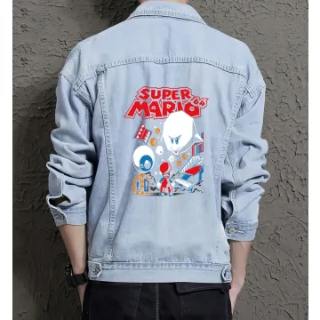Retro Mario Denim Jacket for Men - Gift for Gamers - Christmas Gift - Light Blue - Main View