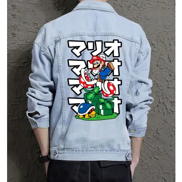 Retro Mario Denim Jacket for Men - Gift for Gamers - Gaming Enthusiast Birthday Gift - Light Blue - Main View
