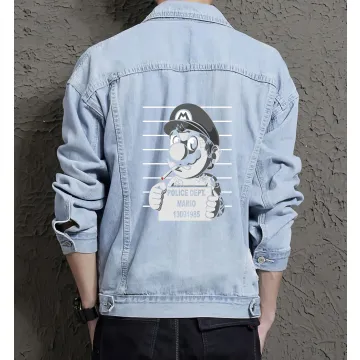 Retro Mario Denim Jacket for Men – Gift for Gamers – Retro Gaming Fans - Light Blue - Main View