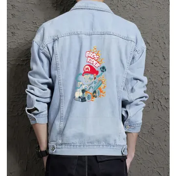 Retro Mario Denim Jacket for Men - Gift for Gamers - Retro Gaming Enthusiast - Light Blue - Main View