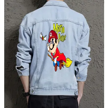 Retro Mario Denim Jacket for Men – Gift for Gamers – Video Game Enthusiast - Light Blue - Main View