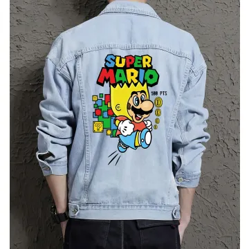 Retro Mario Denim Jacket for Men - Gift for Gaming Enthusiasts - Christmas Present - Light Blue - Main View