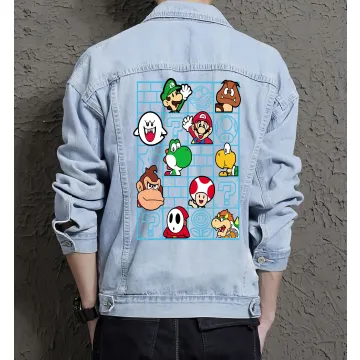 Retro Mario Denim Jacket for Men – Gift for Video Game Fans – Christmas Gift - Light Blue - Main View