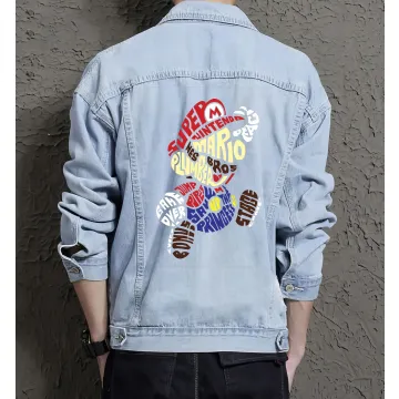 Retro Mario Denim Jacket for Men - Perfect Gift for Video Game Enthusiasts - Christmas Present - Light Blue - Main View
