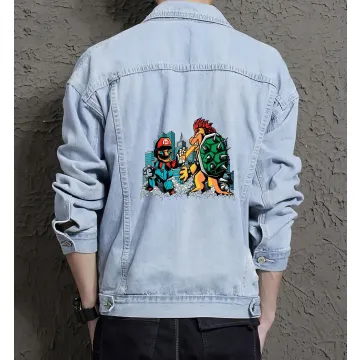 Retro Mario Denim Jacket for Men - Perfect Gift for Video Game Fans - Christmas Gift - Light Blue - Main View
