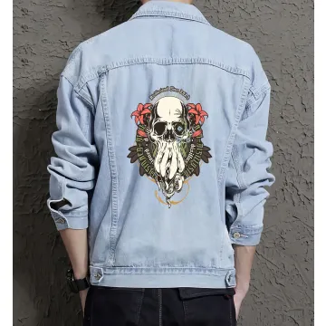 Skull Denim Jacket for Men - Gift for Skull Collectors - Halloween Costume - Light Blue - Main View