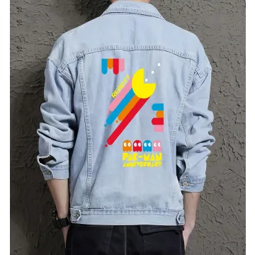 Supper Pacman Denim Jacket - Stylish Gift for Gamers - Retro Men's Outerwear - Father's Day Present - Light Blue - Main View
