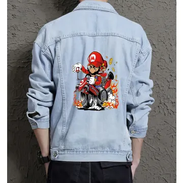 Supper Payaso Biker Denim Jacket - Retro Gaming Gift - Stylish Men's Outerwear - Birthday Present - Light Blue - Main View