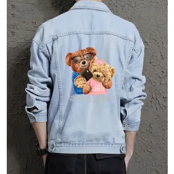 Teddy Couple Selfie Jean Jacket for Men – Gift for Boyfriends – Christmas Gift - Light Blue - Main View