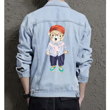 Teddy Cute Dog Jean Jacket for Men – Gift for Streetwear Fans – Birthday Present - Light Blue - Main View