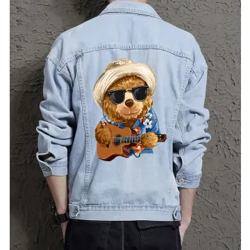 Teddy Guitar Jean Jacket for Men – Gift for Music Fans – Birthday Present - Light Blue - Main View