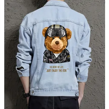 Teddy Just Enjoy the Ride Jean Jacket for Men – Gift for Streetwear Fans – Birthday Present - Light Blue - Main View