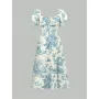 Women's Summer Maxi Dress – Plant Print, Square Neckline, Bubble Sleeves, Cinched Waist, Casual Vacation Outfit
