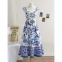 Vintage Women's Summer Dress – Blue & White Floral Print, Square Neck, Cap Sleeves, Ruffle Back, Tie Waist A-Line Holiday Outfit