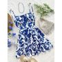 Women's Summer Mini Dress – Blue & White Floral Print, Open Back, Cami Style A-Line Vacation Outfit